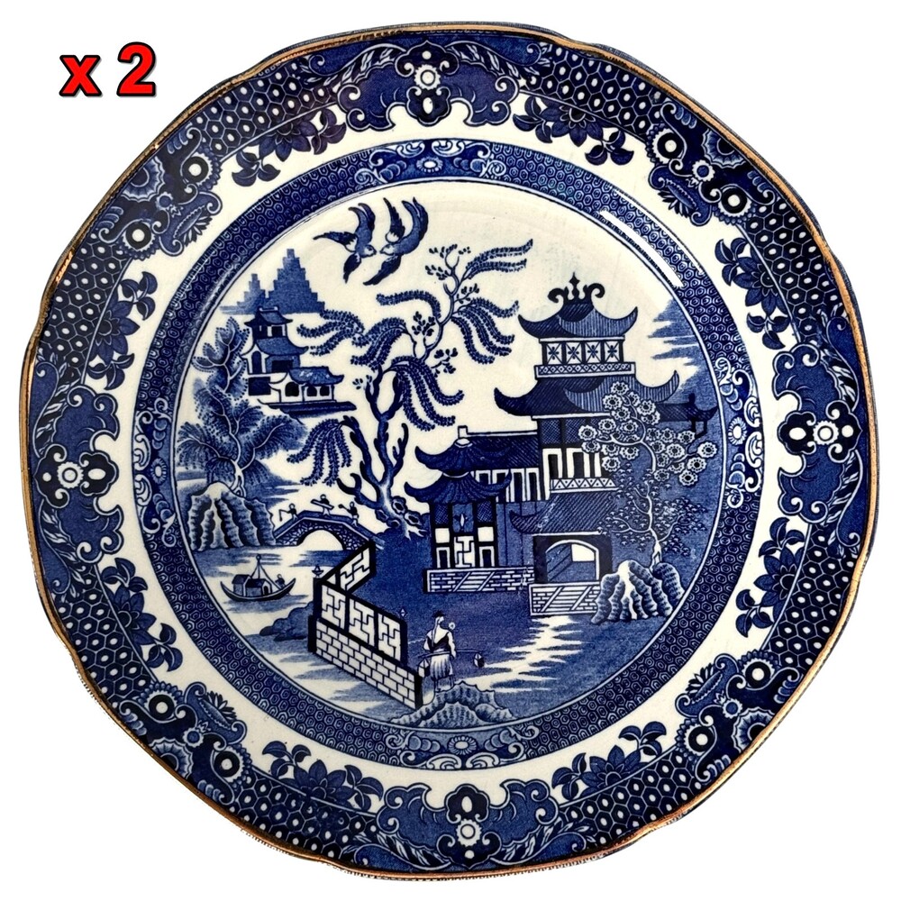 2 Burleigh Ware Blue Willow Breakfast Plate Dinnerware Tableware England 8.5"